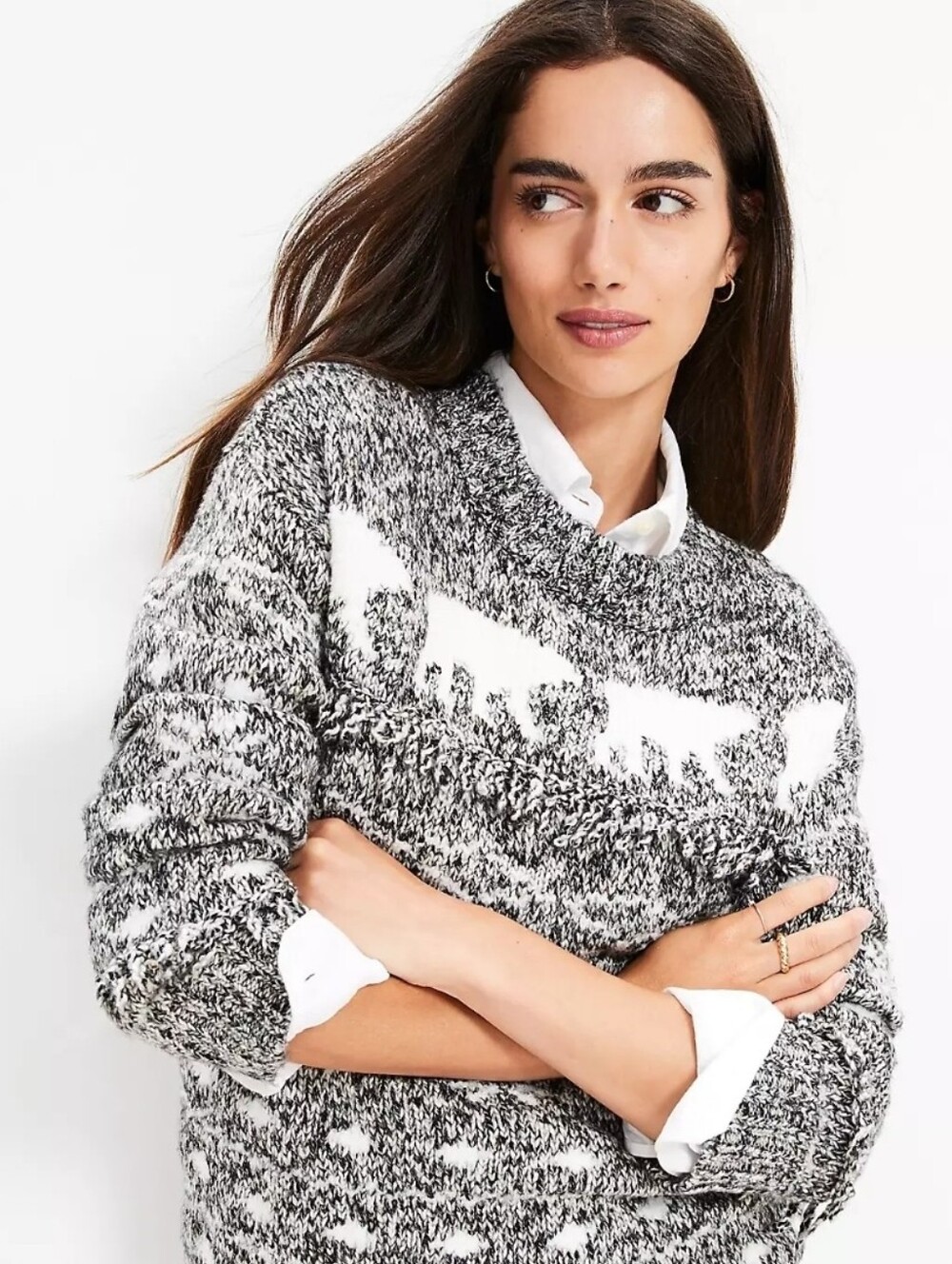 Small LOFT Women's Grey and White Polar Bear Knit Sweater